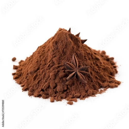 close up pile of finely dry organic fresh raw star anise powder isolated on white background. bright colored heaps of herbal, spice or seasoning recipes clipping path. selective focus