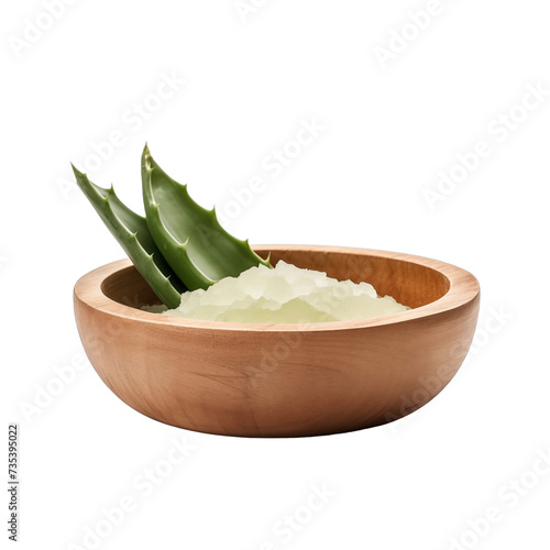 pile of finely dry organic fresh raw aloe vera gel powder in wooden bowl png isolated on white background. bright colored of herbal, spice or seasoning recipes clipping path. selective focus photo