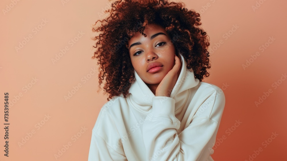 portrait young afro american woman stay in white hoodie, full body portrait young afro american woman stay in white hoodie, full body