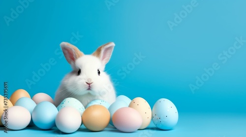 White Rabbit Surrounded by Eggs on Blue Background © RajaSheheryar
