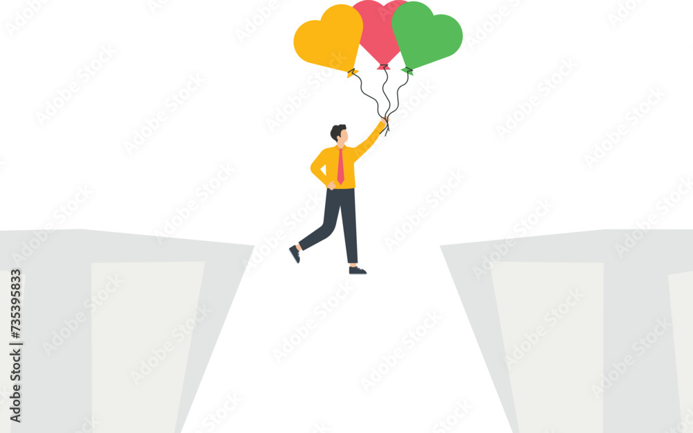 Businessman floating up in between a cliff by heart balloon or currency exchange concept,

