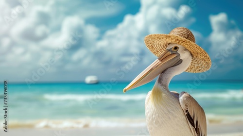 Pelican wear straw hat with large brim, beach on background