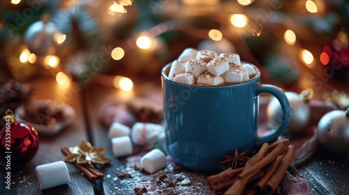 blue mug with cacao and marshmallow, christmas decorations on background