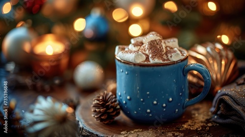 blue mug with cacao and marshmallow, christmas decorations on background
