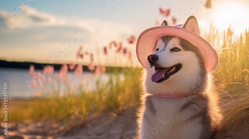 Husky wear straw hat with large brim, clean pastel on background