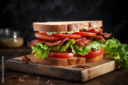 BLT sandwich, bacon lettuce and tomato on whole wheat bread close up on a cutting board for lunch