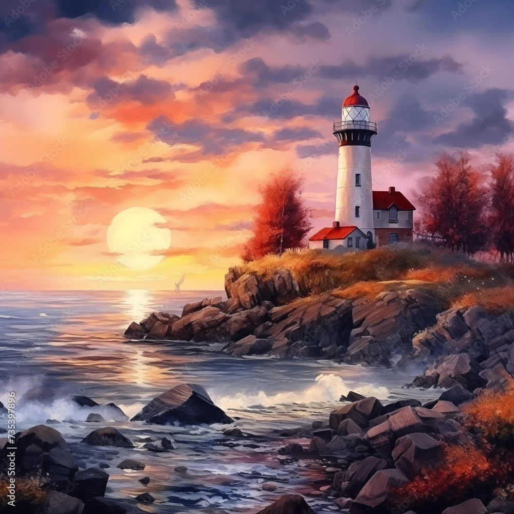 A lighthouse by the sea during the autumn at dusk