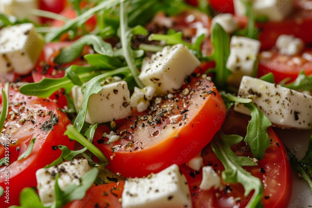 A colorful close-up of a fresh Caprese salad with ripe tomatoes and mozzarella.