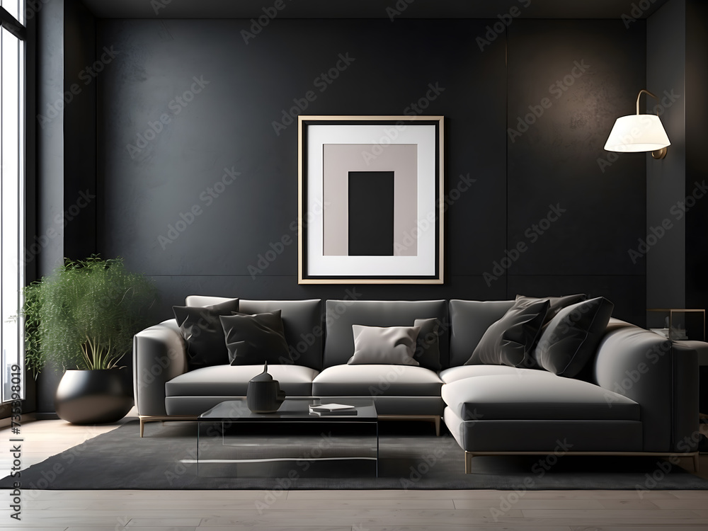 Modern living room with a transparent photo frame displaying a blank poster design, surrounded by dark walls and a black couch design. The 3D rendering showcases a stylish interior design. - obrazy, fototapety, plakaty 