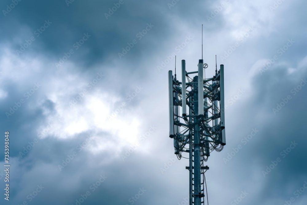 A communication tower stands tall against a cloudy sky.