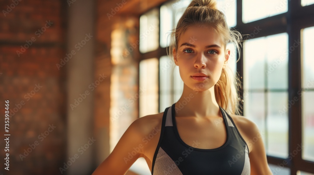 a fit woman with blonde ponytail ,wearing fitness suit, isolated on clean pastel background