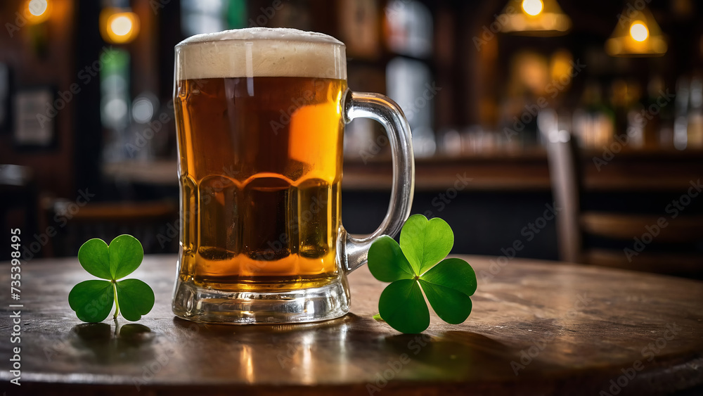 Beer and clover on a wooden table in a cozy pub at St. Patrick's Day Beer and clover on a wooden table in a cozy pub at St. Patrick's Day
