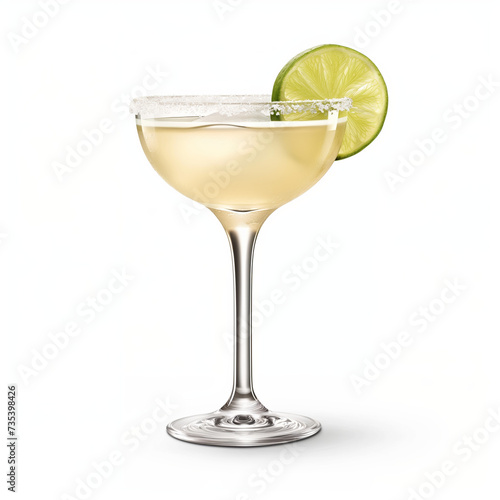 Classic Margarita with salt rim and lime wedge in a margarita glass, white background