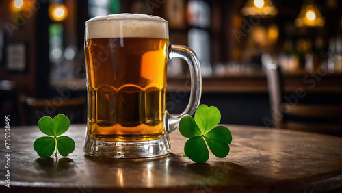 Beer and clover on a wooden table in a cozy pub at St. Patrick's Day