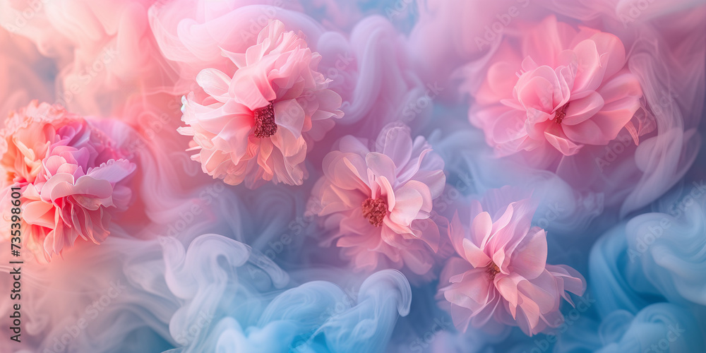 Floral background with pastel pink flowers in blue smoke.  Digital art for poster, flyer and banner design. Soft textures and bright colors. - obrazy, fototapety, plakaty 