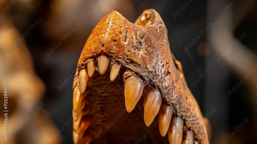 A closeup of a perfectly preserved fossilized tooth showcasing the intricate details and unique shape of the ancient carnis bite. A closeup of a perfectly preserved fossilized tooth showcasing the intricate details and unique shape of the ancient carnis bite.