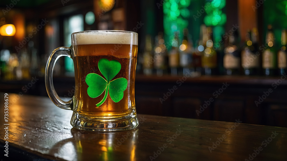 Beer and clover on a wooden table in a cozy pub at St. Patrick's Day Beer and clover on a wooden table in a cozy pub at St. Patrick's Day