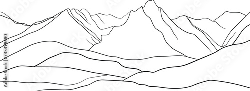 Mountains landscape view line art, mountain range illustration, scenic landscape drawing, nature outline art, highland sketch vector, peak landscape line work, outdoor scenery