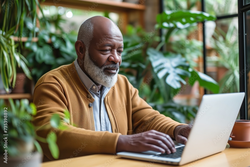 Elderly man working with laptop at office desk, Old man working in the office Elderly man working with laptop at office desk, Old man working in the office