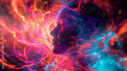 A hologram of a person with vibrant psychedelic colors swirling around them symbolizing their futuristic consciousness.