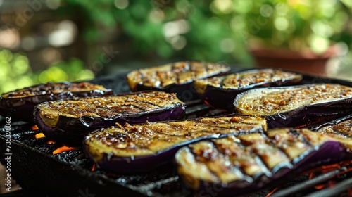 photo of grilled eggplant, summer yard on background --ar 16:9 --v 6 Job ID: 937f9062-5ff8-4252-b38d-9bd6028e2b97