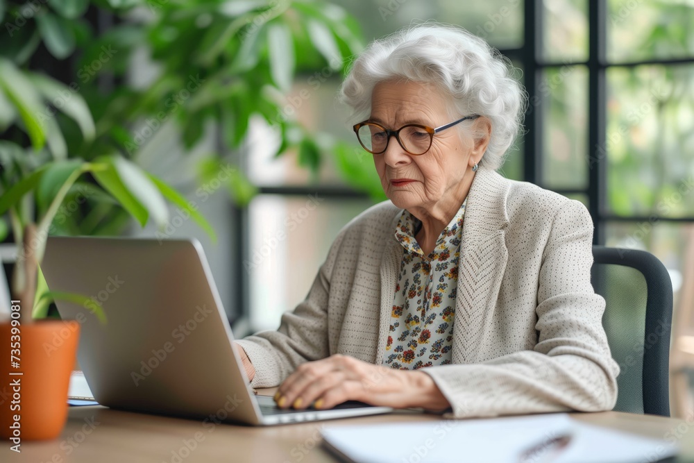 Elderly woman working with laptop at office desk, Old woman working in office Elderly woman working with laptop at office desk, Old woman working in office