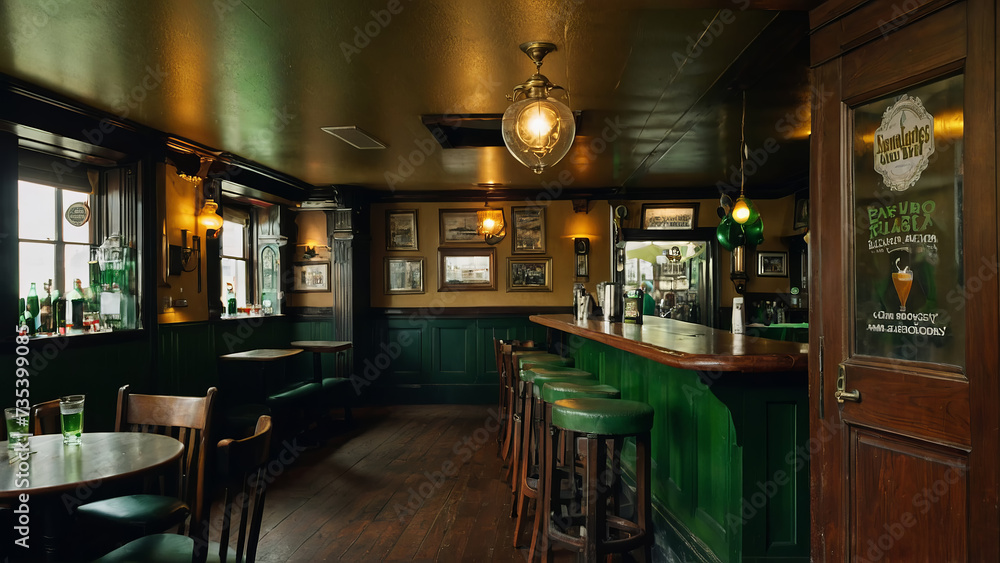 Cozy interior of a classic Irish pub with green colored furniture at St. Patrick's Day