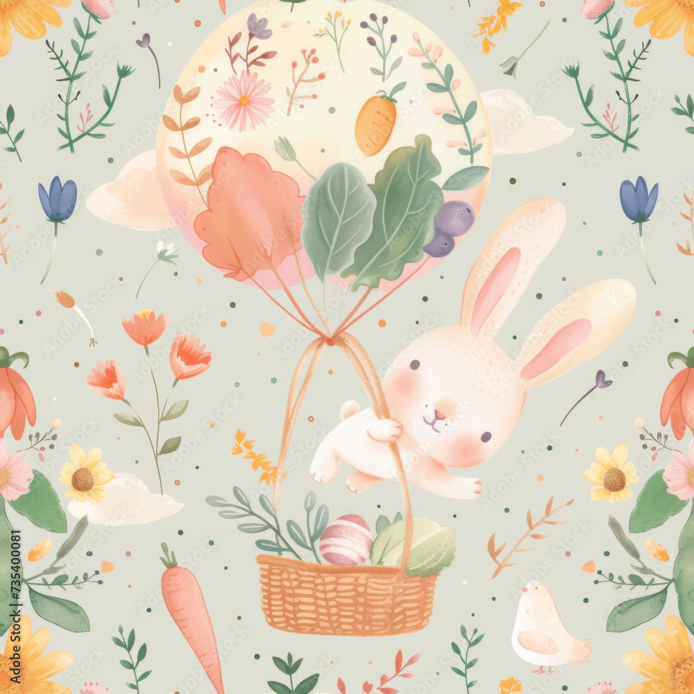 Seamless pattern. Happy Easter postcard. Whimsical illustration of a cute bunny with angel wings sitting in a serene spring garden. Cute animal for kids room, children wallpaper  decor, textile.