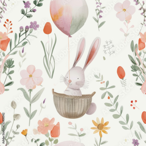 Seamless pattern. Happy Easter postcard. Whimsical illustration of a cute bunny with angel wings sitting in a serene spring garden. Cute animal for kids room, children wallpaper decor, textile.