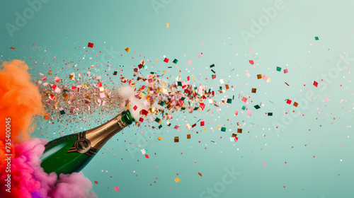 A floating champagne bottle releasing smoke and colorful confetti, embodying celebration, holidays, and joy, with warm and vibrant colors.