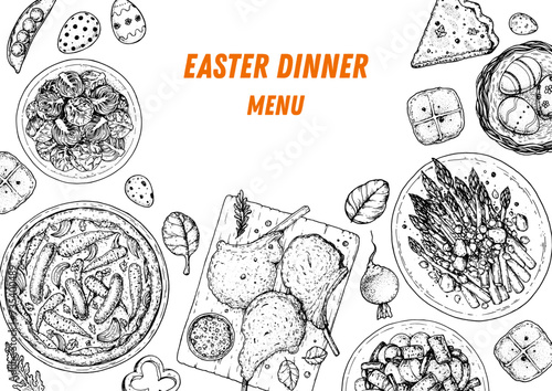 Easter food hand drawn sketch. Vector illustration. Festive table with Easter food. Engraved illustration. Menu set.