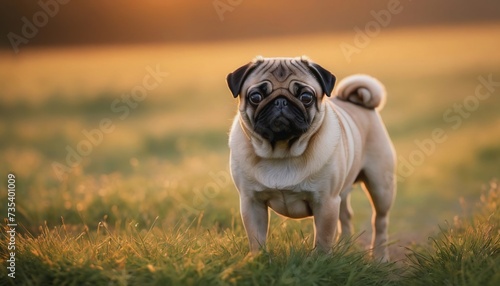 pug, dog at dawn, purebred dog in nature, happy dog, beautiful dog photo