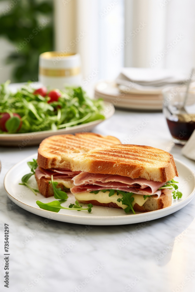 Ham and cheese sandwich with melty cheese in a white kitchen on the table for lunch Ham and cheese sandwich with melty cheese in a white kitchen on the table for lunch