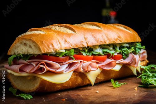 Ham and cheese sub sandwich with melty cheese on a wooden board