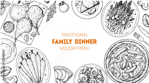 Easter food hand drawn sketch. Vector illustration. Festive table with Easter food. Engraved illustration. Menu set.