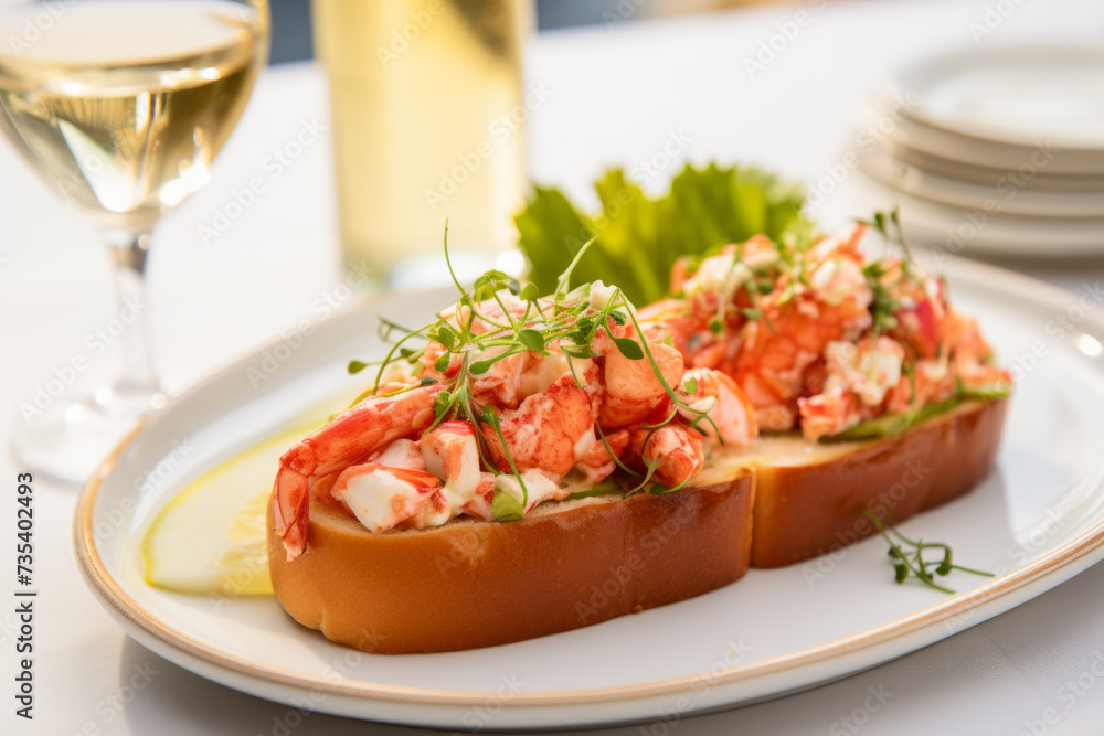 Lobster roll with greens on a brioche bun for lunch close up Lobster roll with greens on a brioche bun for lunch close up
