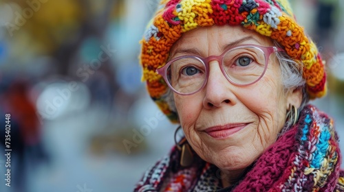 senior American woman in knitted colorful hat  stay on clean background