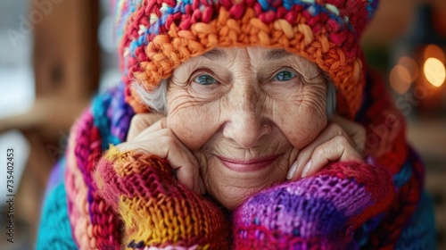 senior American woman in knitted colorful hat, stay on clean background