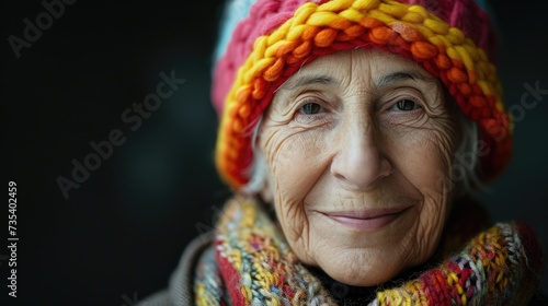senior Italian woman in knitted colorful hat, stay on clean background