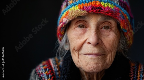 senior Italian woman in knitted colorful hat, stay on clean background