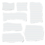 Set of vector ruled paper different shapes ripped scraps fragments wisps isolated on white background. Paper collage. Vector illustration.