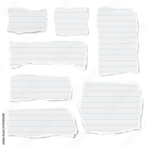 Set of ruled paper different shapes ripped scraps fragments wisps isolated on white background. Paper collage. Vector illustration.