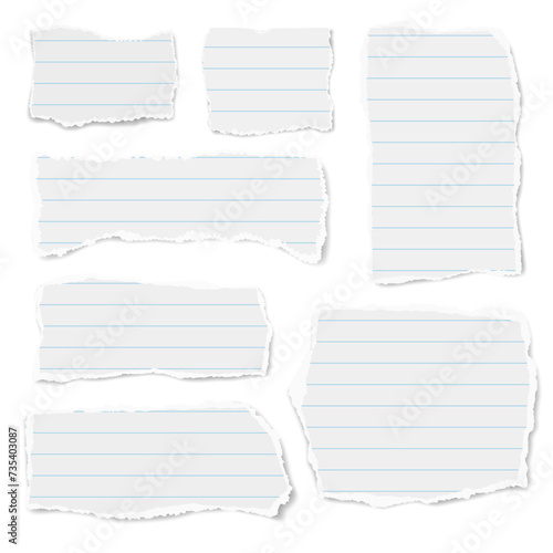 Set of vector ruled paper different shapes ripped scraps fragments wisps isolated on white background. Paper collage. Vector illustration. photo