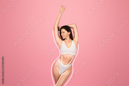A smiling woman with dark hair is playfully stretching, highlighted by a white line drawing of her figure © Prostock-studio