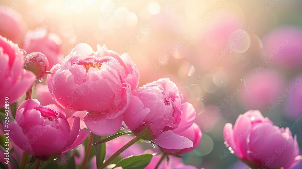 spring morning, after heavy rain, pink peony flowers spring morning, after heavy rain, pink peony flowers