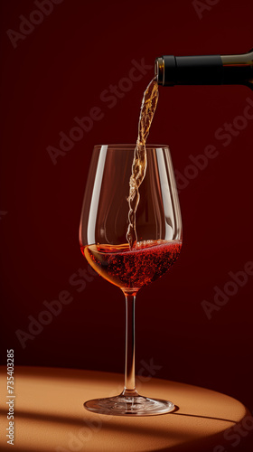 Wine is poured by a stream from a bottle directly into a glass goblet on a dark burgundy background with space for your text