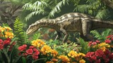 A graceful iguanodon reaching up to nibble on the colorful flowers growing on a nearby bush.