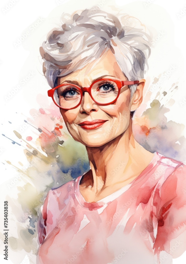 watercolor portrait of senior woman in stylish glasses and short hairstyle, --ar 5:7 --v 5.2 Job ID: 29d47b33-8fe9-4441-9a6f-ea8df7b2a4fb