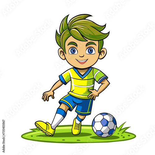 Sports vector isolated illustration of a young soccer player on a field with a ball in green tones.