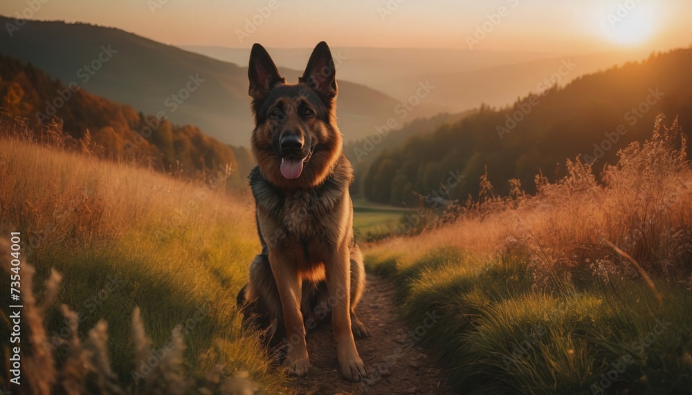 german shepherd, dog at dawn, purebred dog in nature, happy dog, beautiful dog - obrazy, fototapety, plakaty 